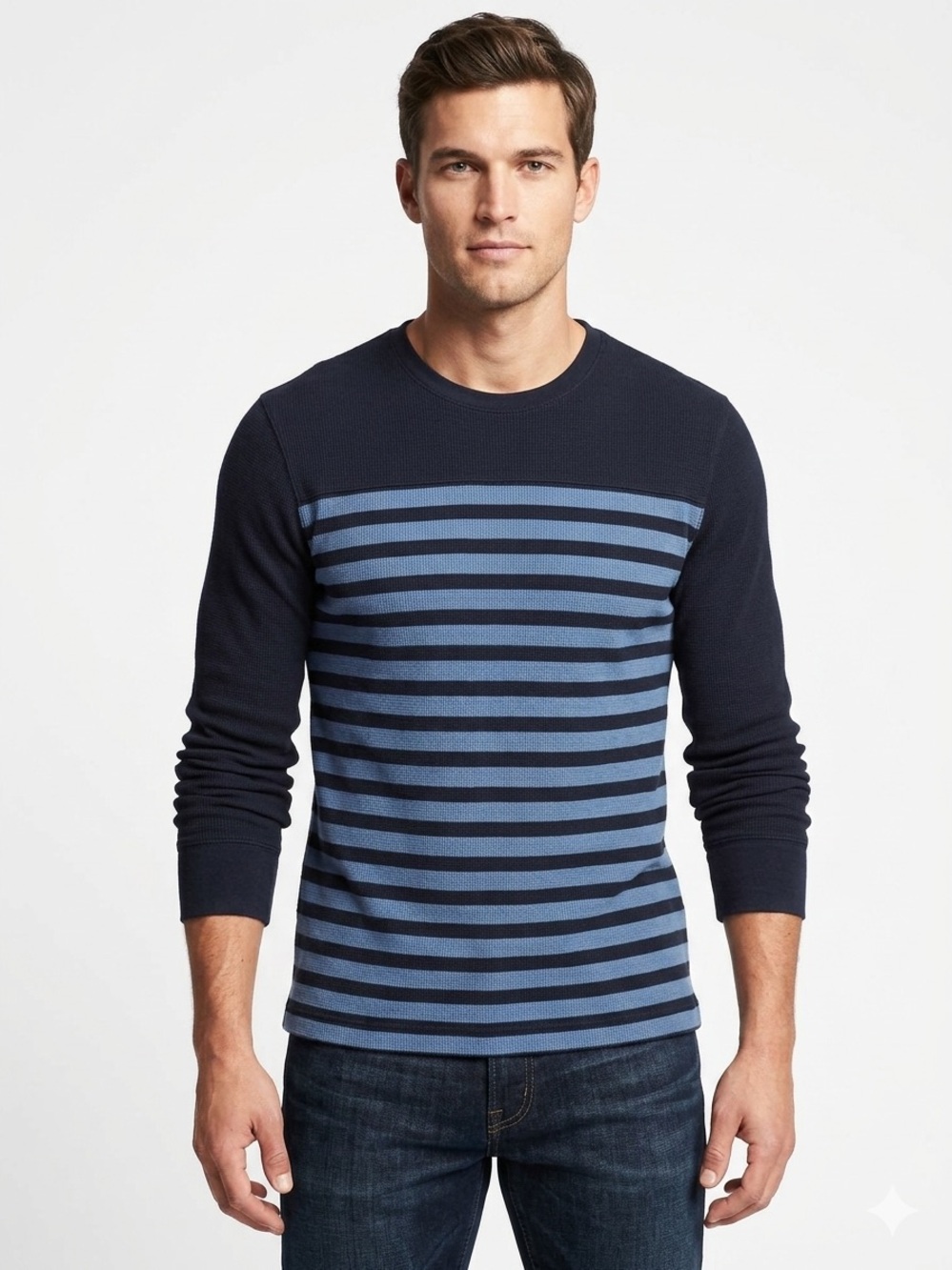 Banana Republic Navy Blue Striped Waffle Knit Long Sleeve Thermal Shirt Small